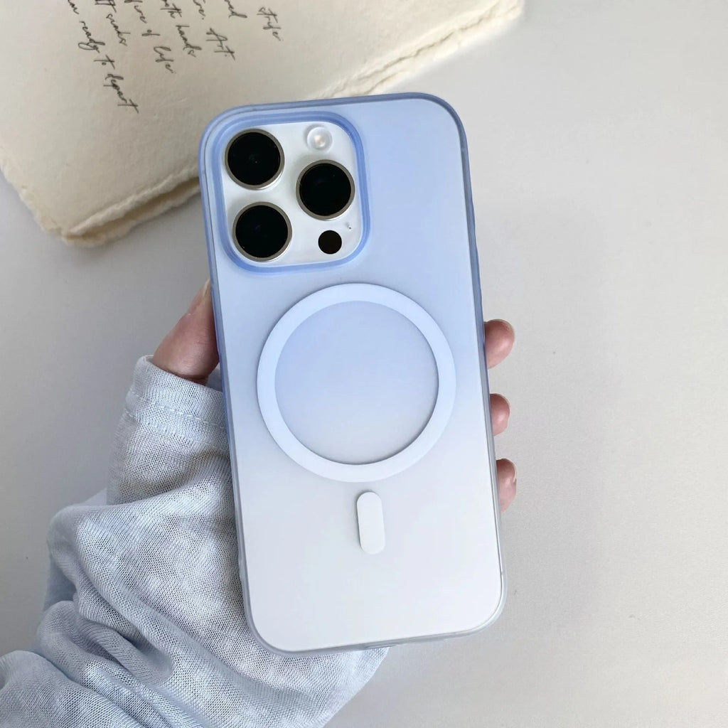 Gradient coloured frosted magnetic suction iPhone case showing ultra-thin PC construction