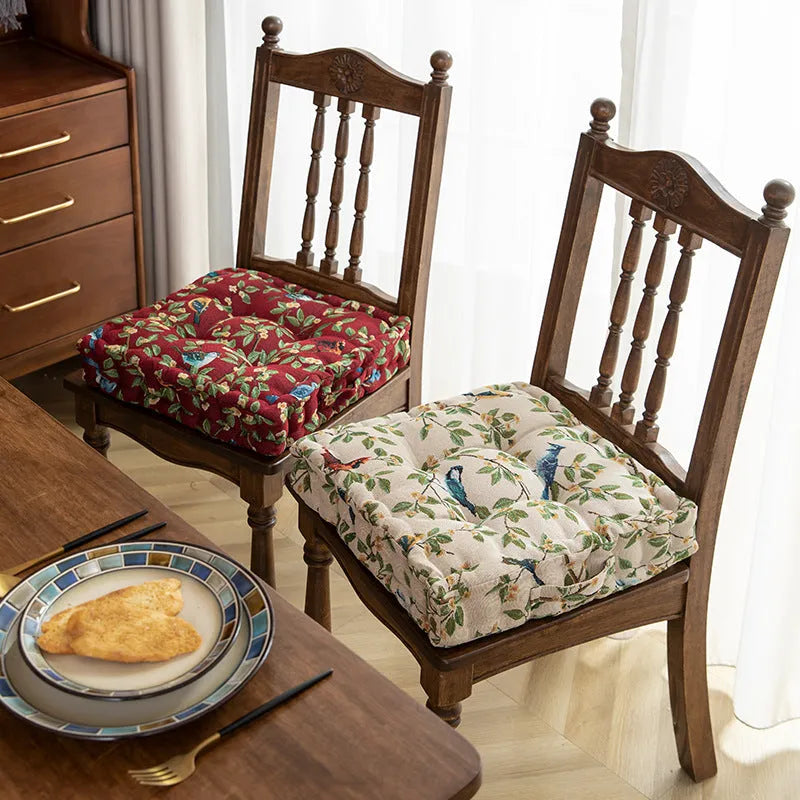 American dining chair cushion 40x40x8cm in apricot floral pattern on a chair.