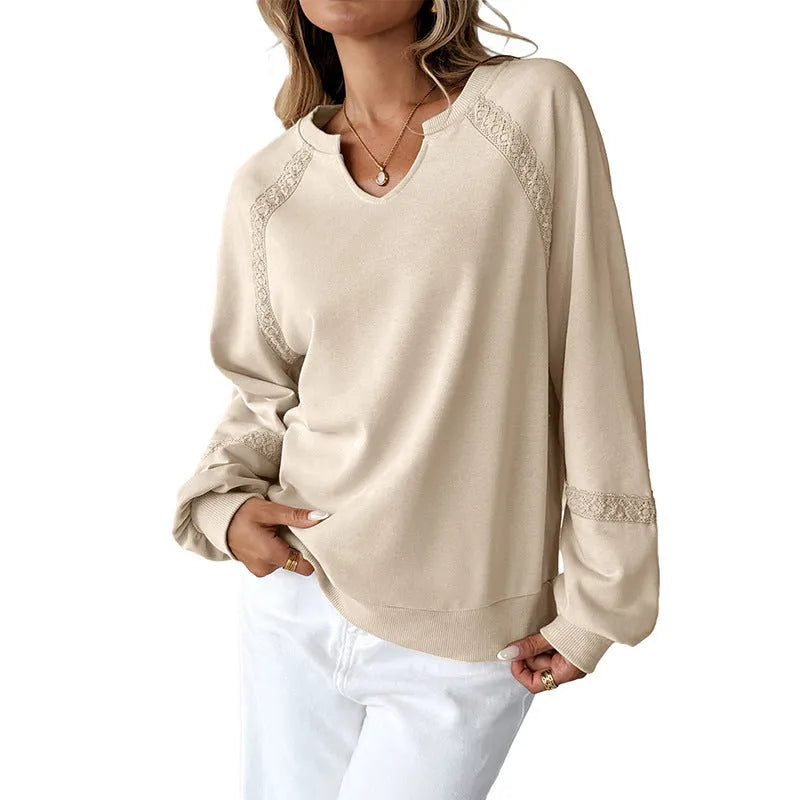 Women's half-open collar sweater with stitching lace detail in a solid colour, shown with long sleeves.