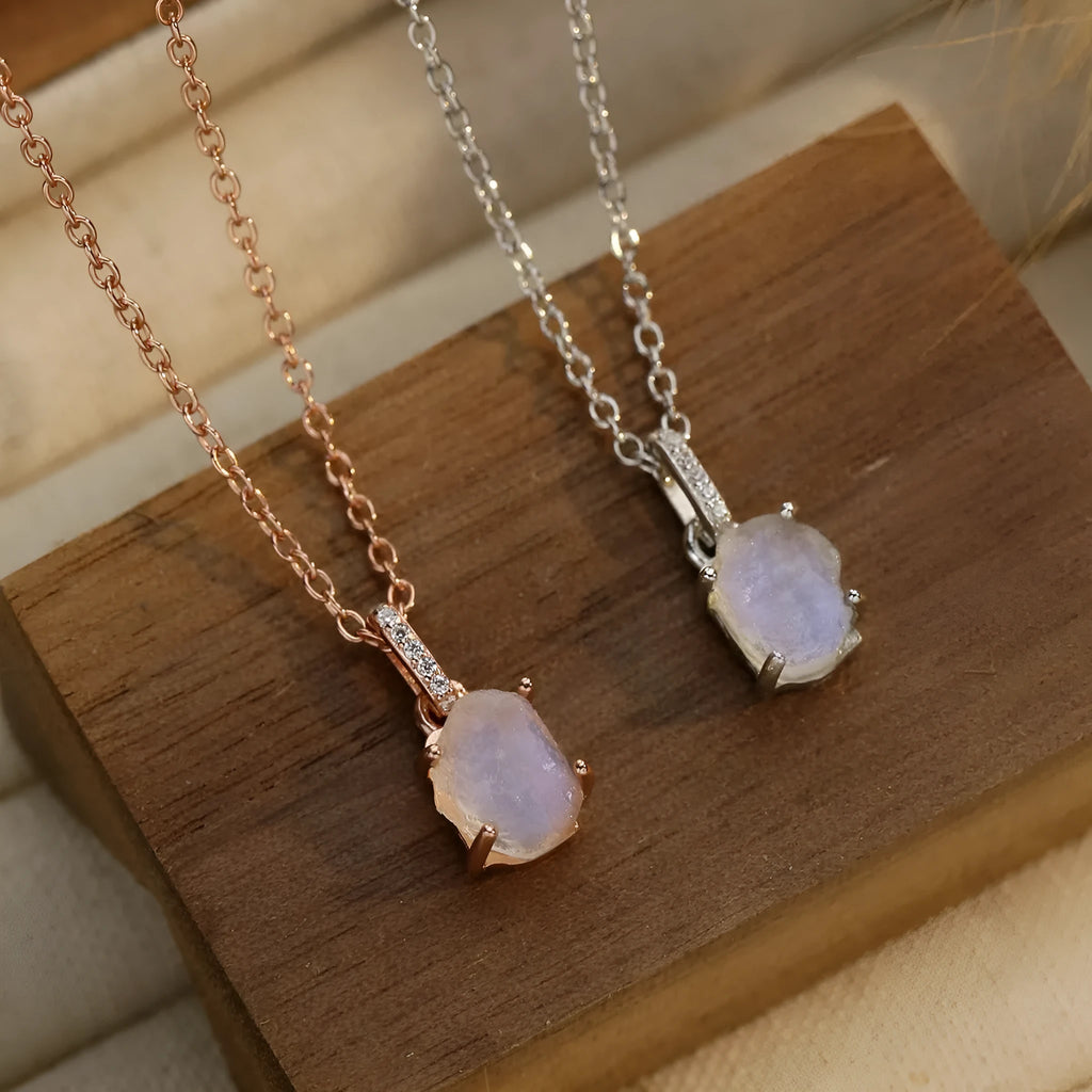 S925 sterling silver necklace with geometric quadrilateral moonstone pendant on curb chain