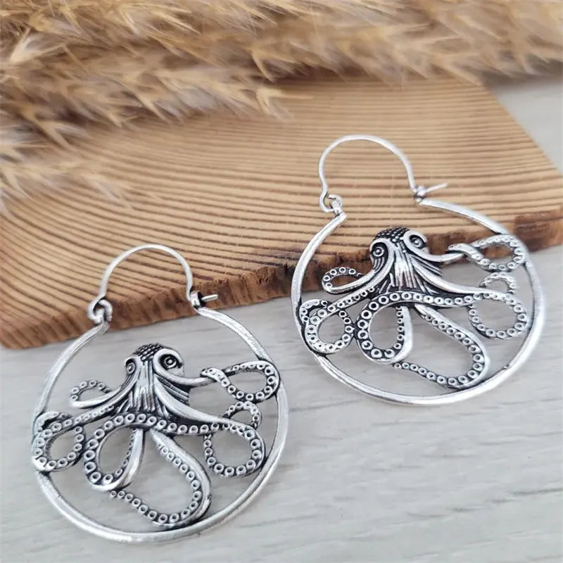 Vintage antique silver octopus earrings with detailed animal modelling for men and women