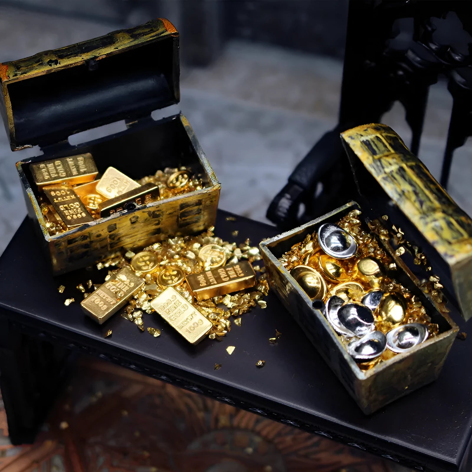 Miniature metal alloy gold coin and bar treasure box doll house accessory.
