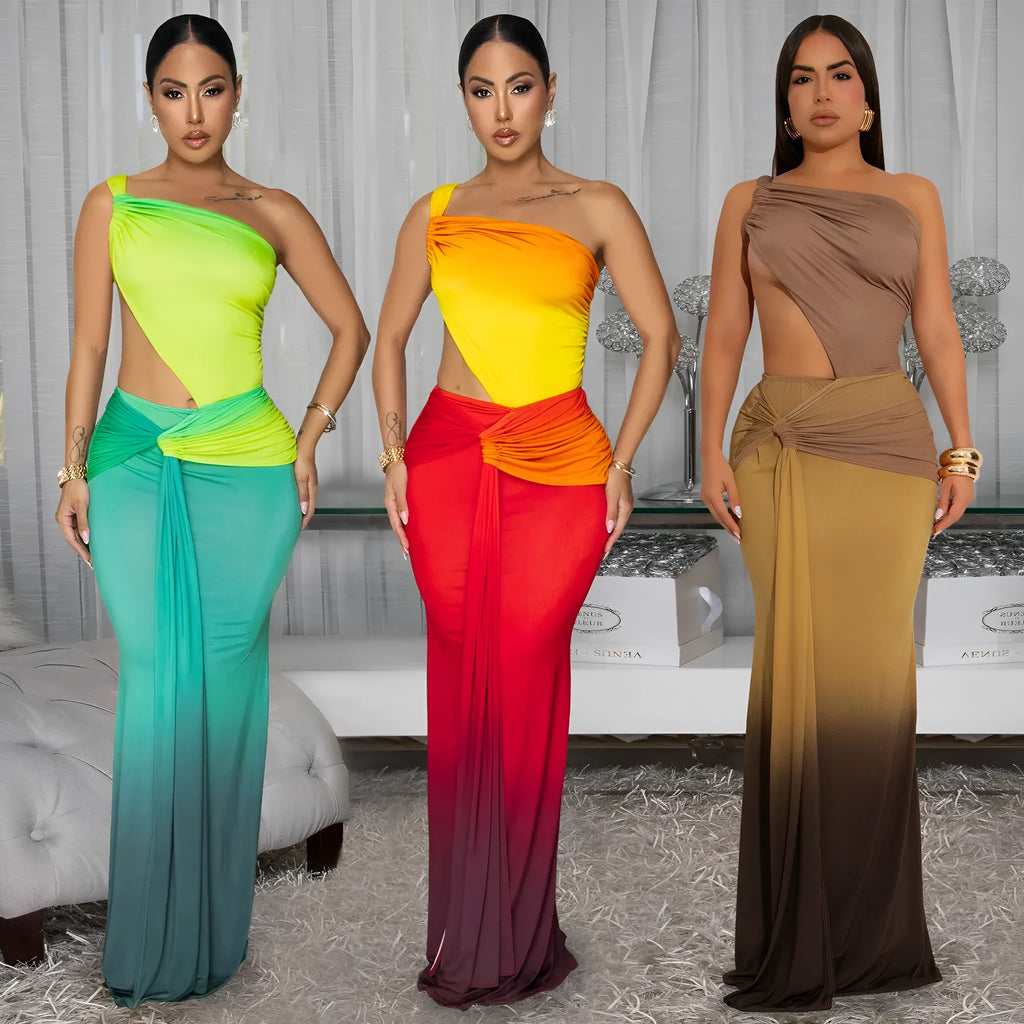 Women's gradient colour cross-shoulder maxi dress with high waist and long skirt