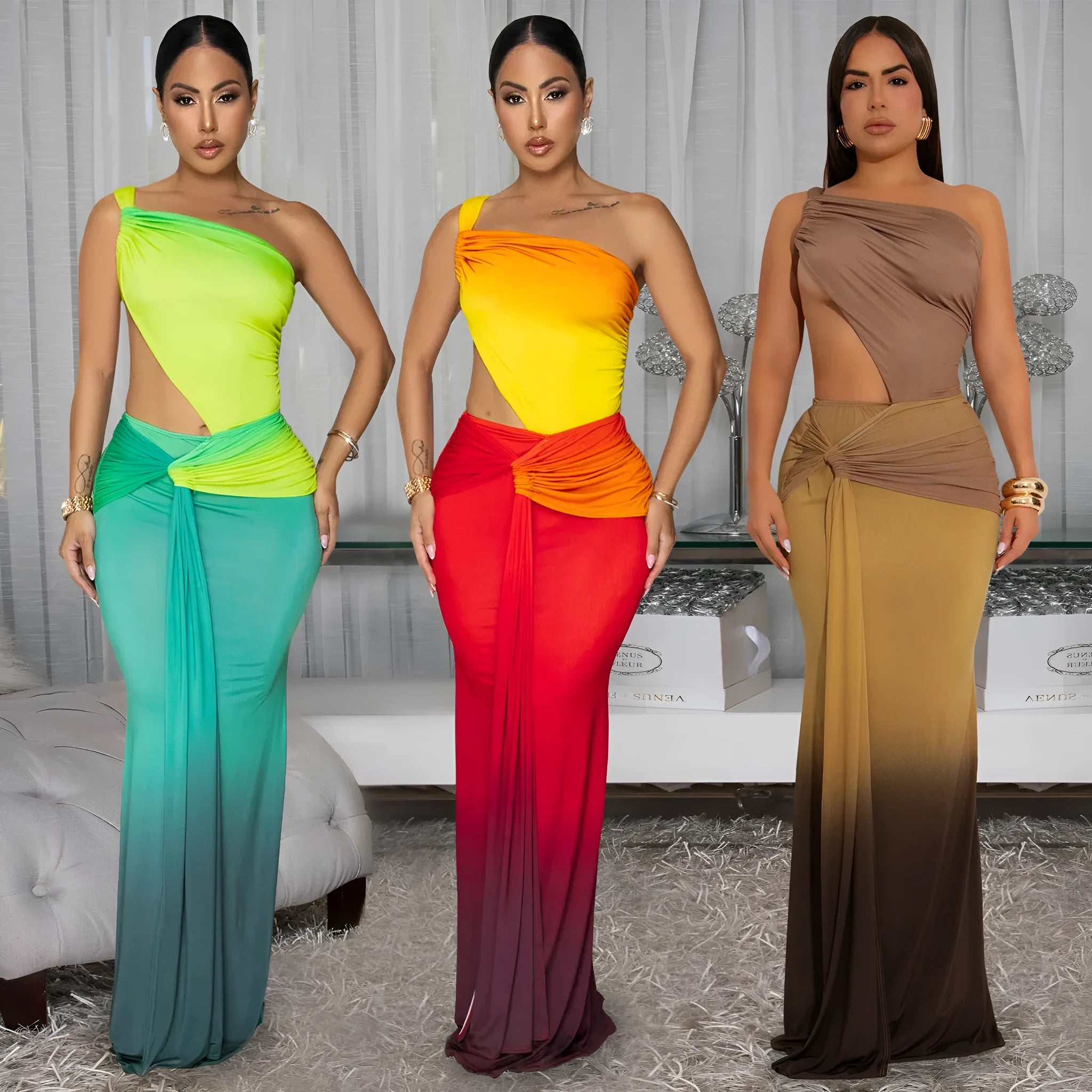 Women's gradient colour cross-shoulder maxi dress with high waist and long skirt