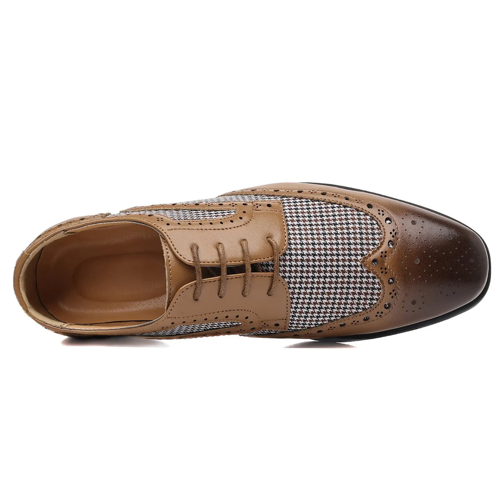 Men's black houndstooth plaid canvas casual lace-up shoes with a square toe and rubber sole.