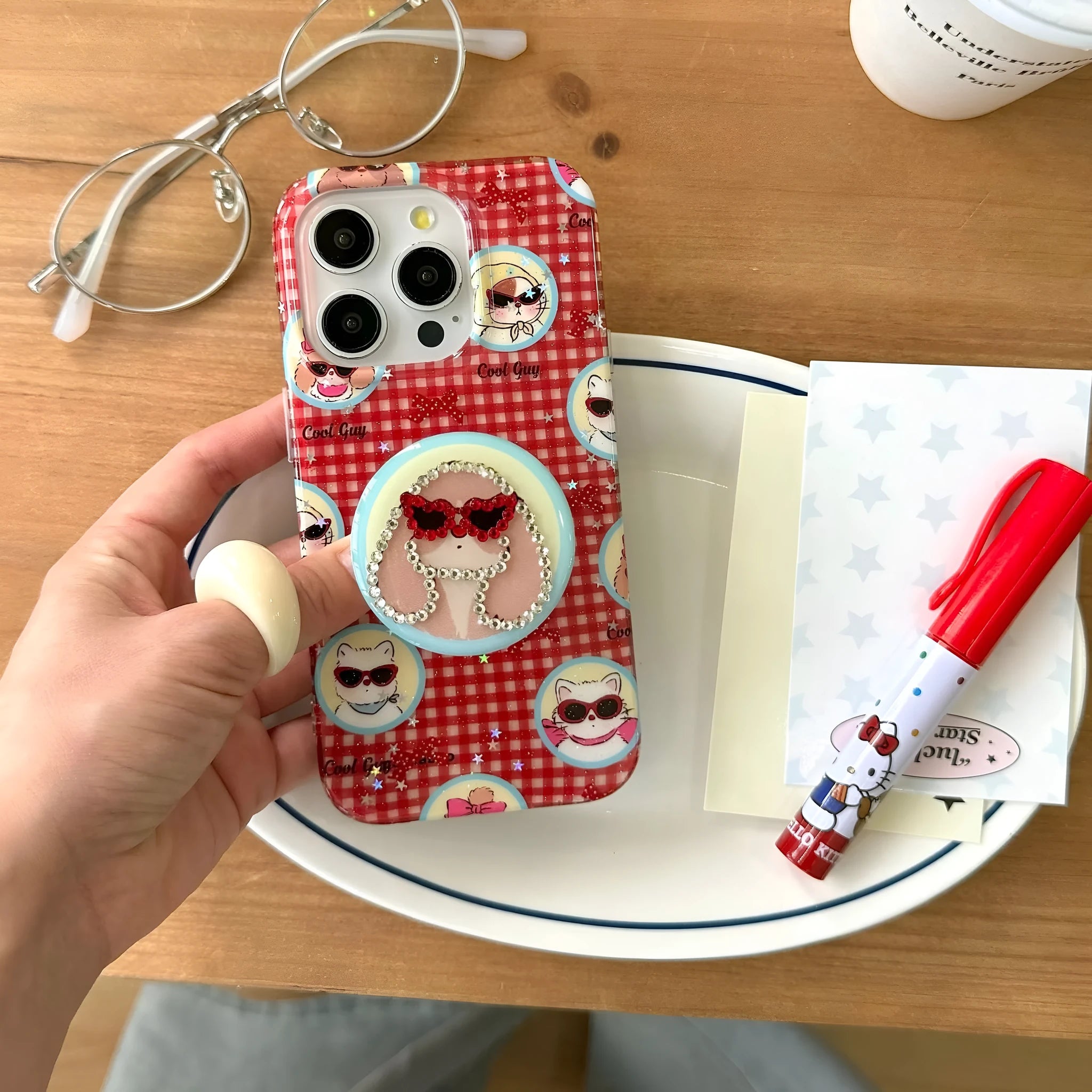 Cartoon glasses puppy spot drill TPU PC phone case with bracket for iPhone 13 Pro Max