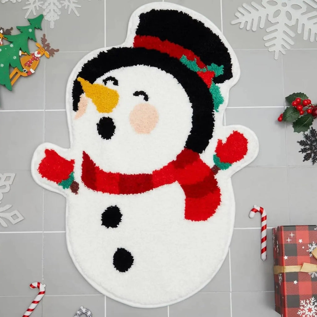 Square Christmas-themed hallway mat with festive pattern on polyester fabric, showing non-slip dot backing.