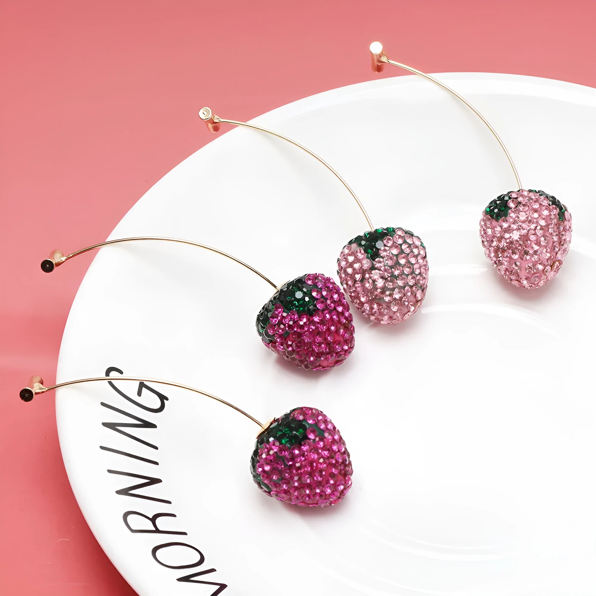 Women's geometric strawberry drop earrings with sparkling crystals in red zinc alloy.