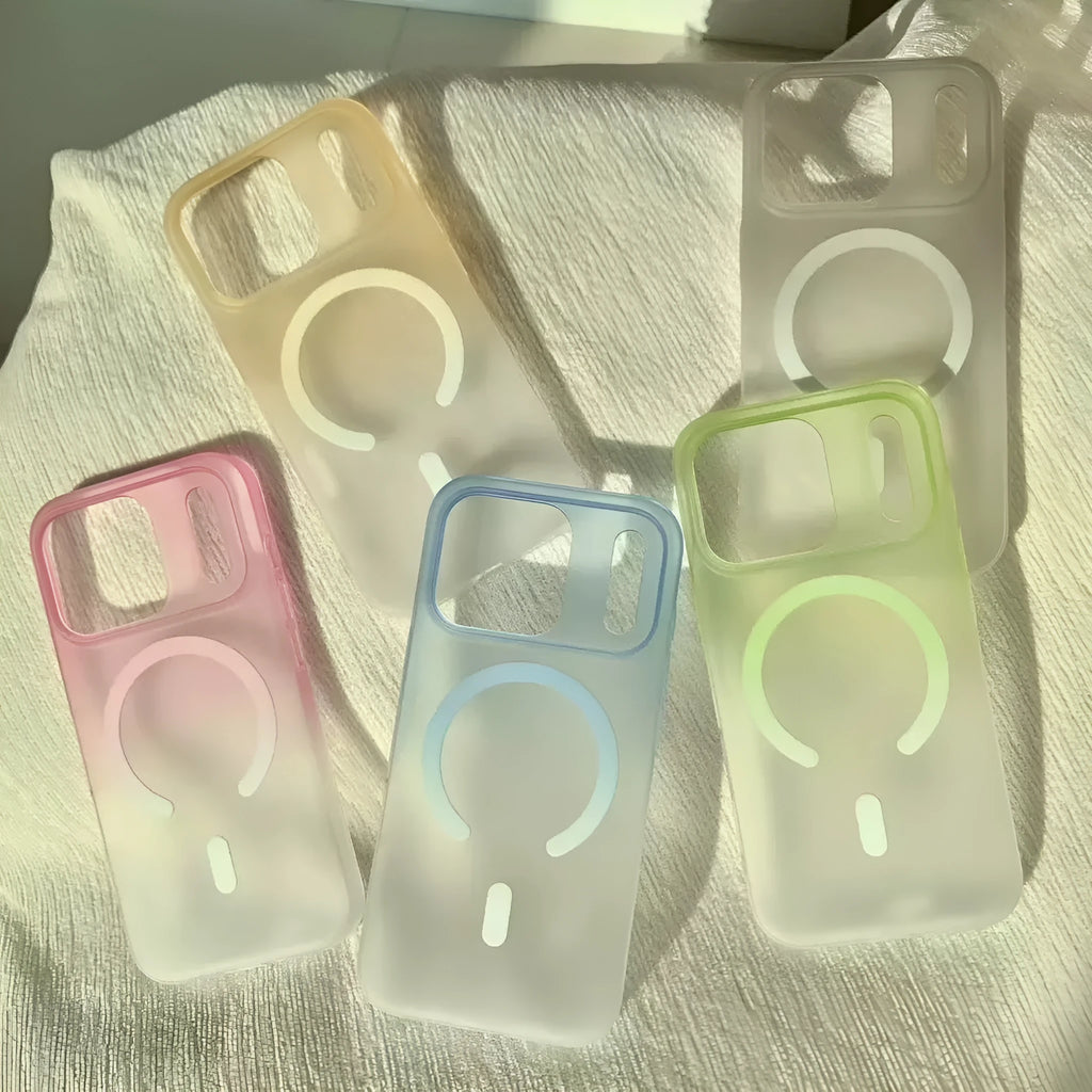 Gradient coloured frosted magnetic suction iPhone case showing ultra-thin PC construction