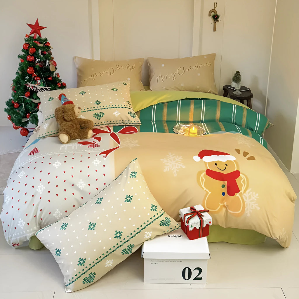 Christmas cartoon printed bedding four-piece set with sheet, quilt cover, and pillowcases for a double bed.