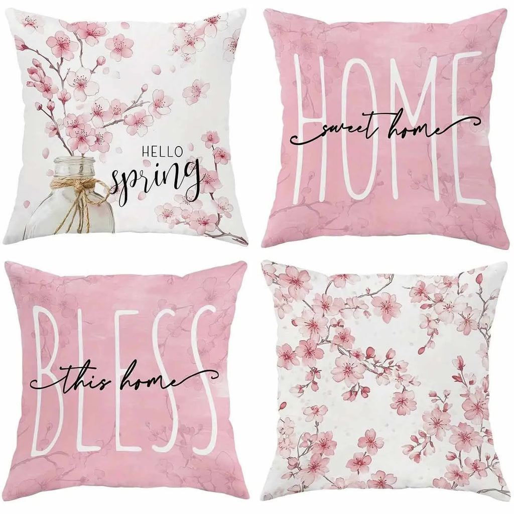 Short velvet Spring Cherry Blossom letter cushion cover, 45cm square, shown in one of four HDRD192 colour options.