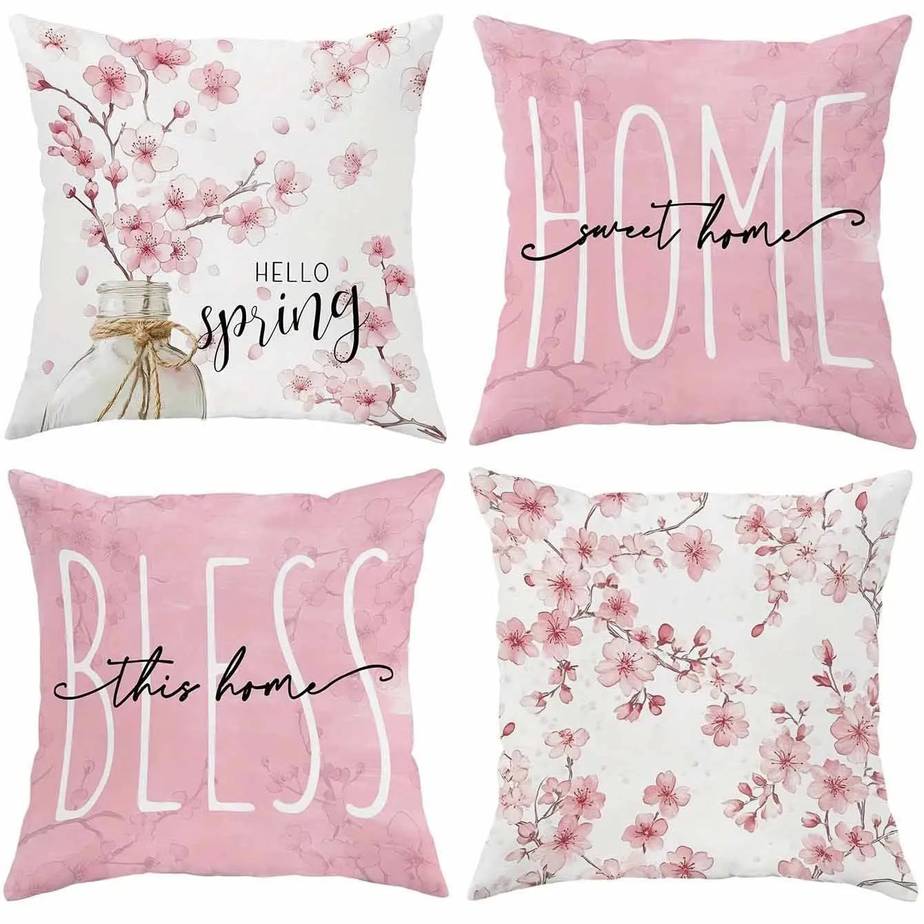 Short velvet Spring Cherry Blossom letter cushion cover, 45cm square, shown in one of four HDRD192 colour options.