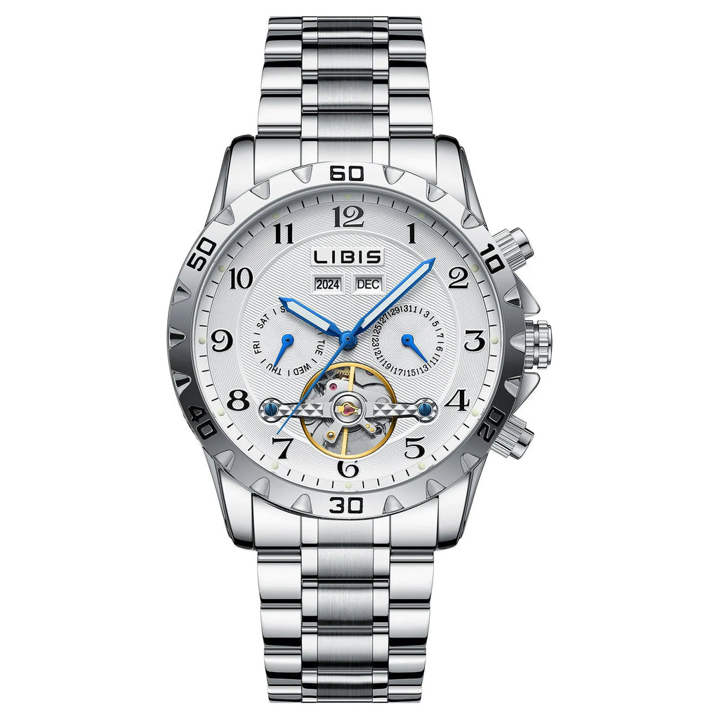 Silver men's automatic perpetual calendar mechanical watch with stainless steel strap on a wrist.