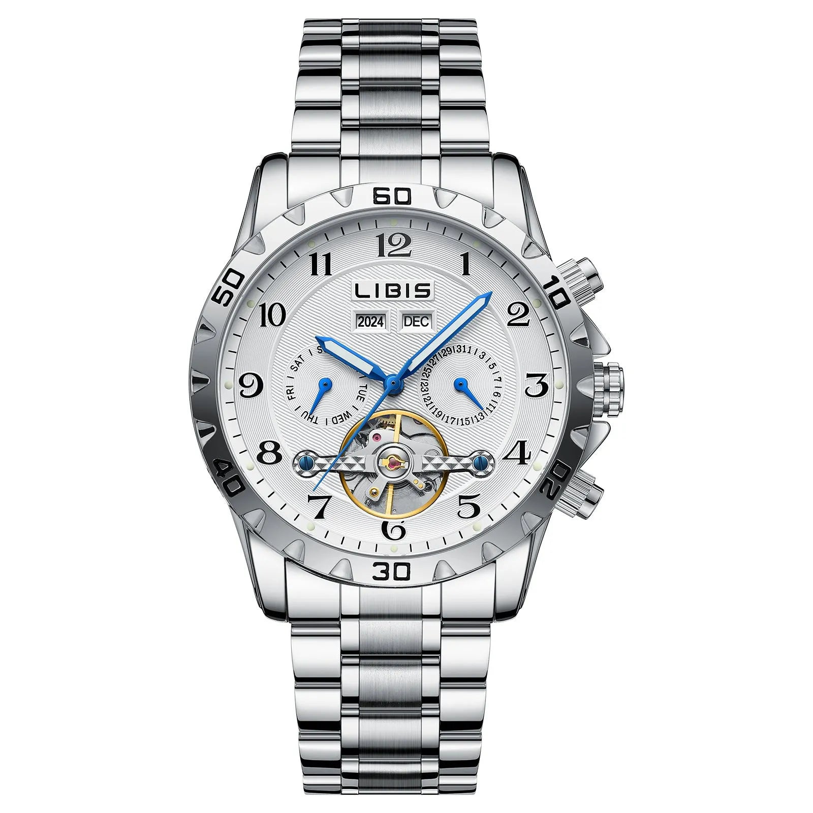 Silver men's automatic perpetual calendar mechanical watch with stainless steel strap on a wrist.