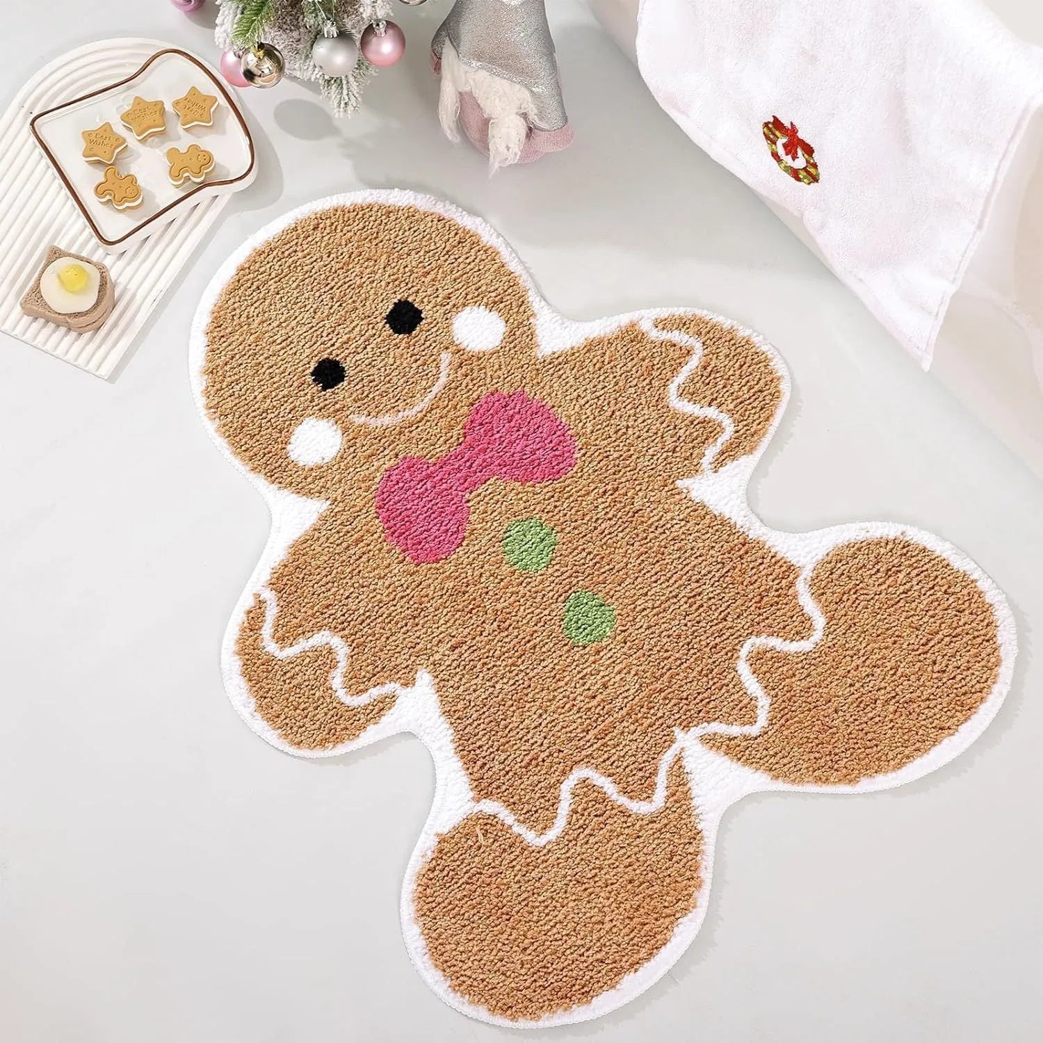 Square Christmas-themed hallway mat with festive pattern on polyester fabric, showing non-slip dot backing.