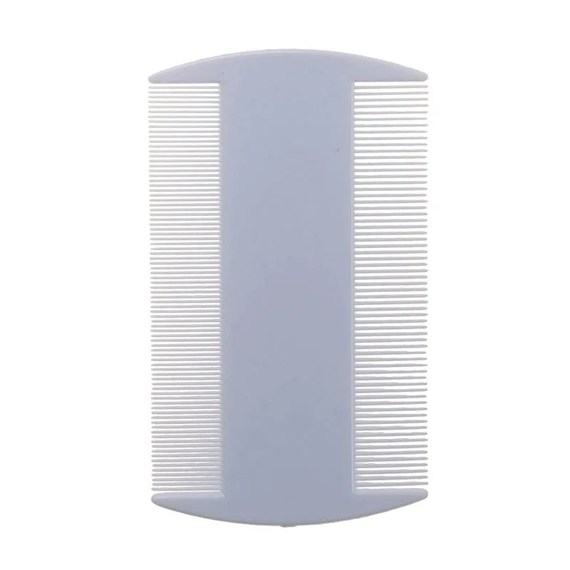 A white plastic double-sided fine-toothed flea comb for pets and humans.