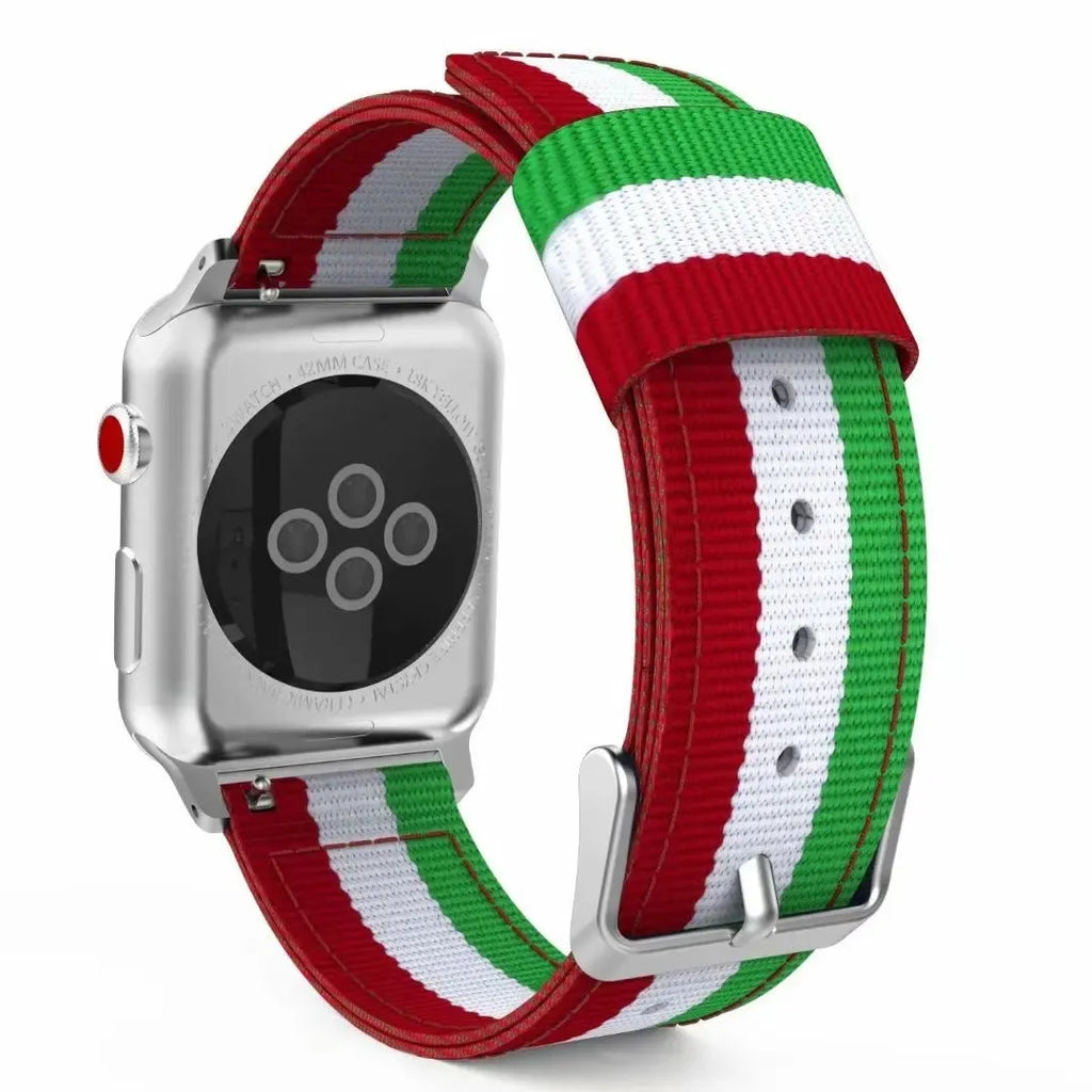 Split nylon woven canvas watchband for Apple Watch in rainbow colour, fits 38mm to 49mm cases