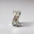 Copper cross ring with micro-inlaid zircon stones in geometric heart design, available in silver or rose gold finishes