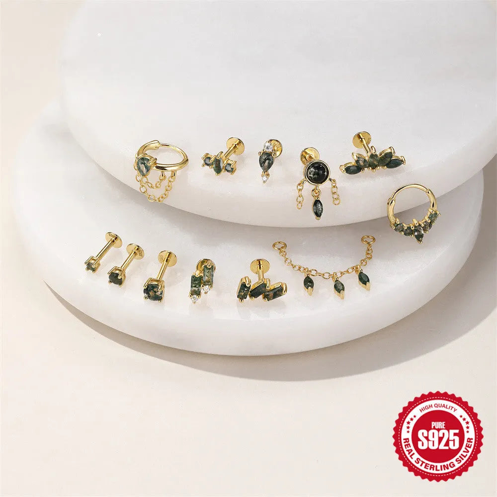 S925 sterling silver geometric moss water drop ear stud in gold finish on neutral background