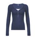Fake two-piece semi-open buckle sweater in dark blue knitted cotton with lace, slim fit, street hipster style