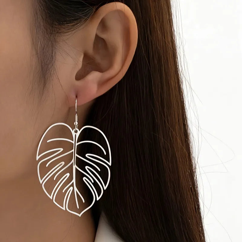 Gold leaf shape hollow pendant drop earrings for women casual alloy jewellery