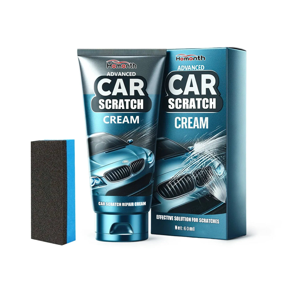 Car scratch repair cream kit showing 60ml tube and sponge applicator for paint surface renovation