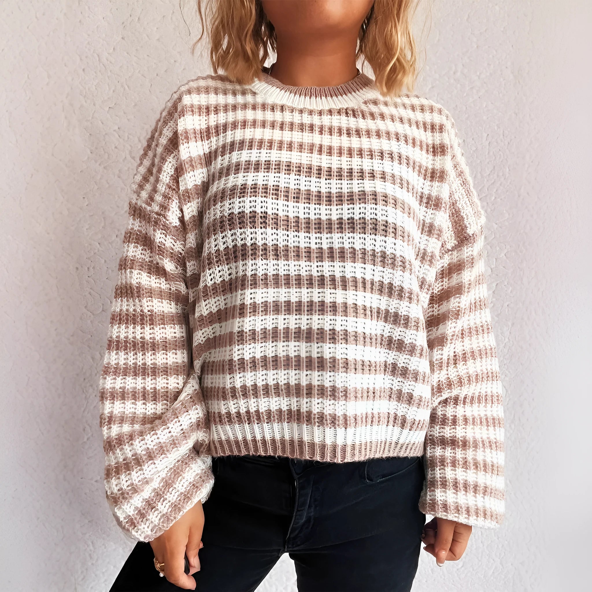 Women's vintage stripe knitted pullover sweater in a loose fit, shown in a choice of colours.