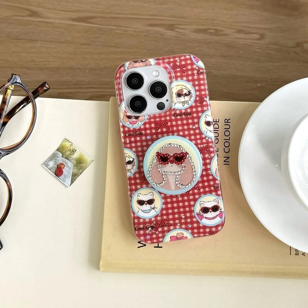 Cartoon glasses puppy spot drill TPU PC phone case with bracket for iPhone 13 Pro Max