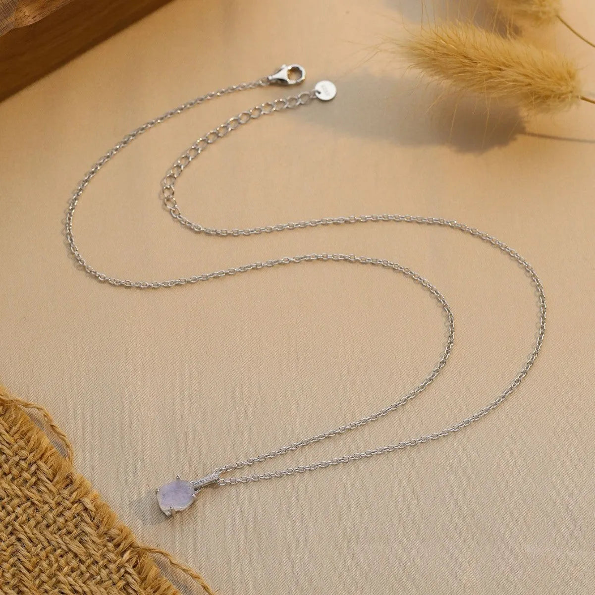 S925 sterling silver necklace with geometric quadrilateral moonstone pendant on curb chain