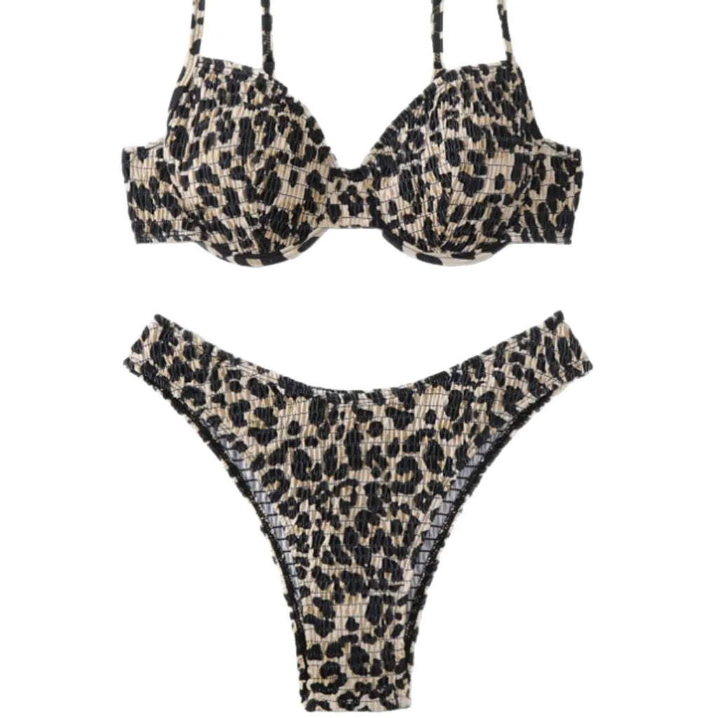 Leopard point pattern bikini swimsuit for women in a backless design.
