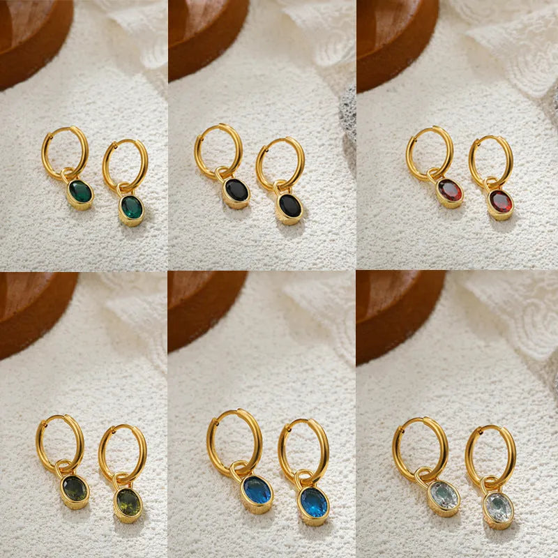 Women's retro oval zircon copper earrings in six colour variations on display