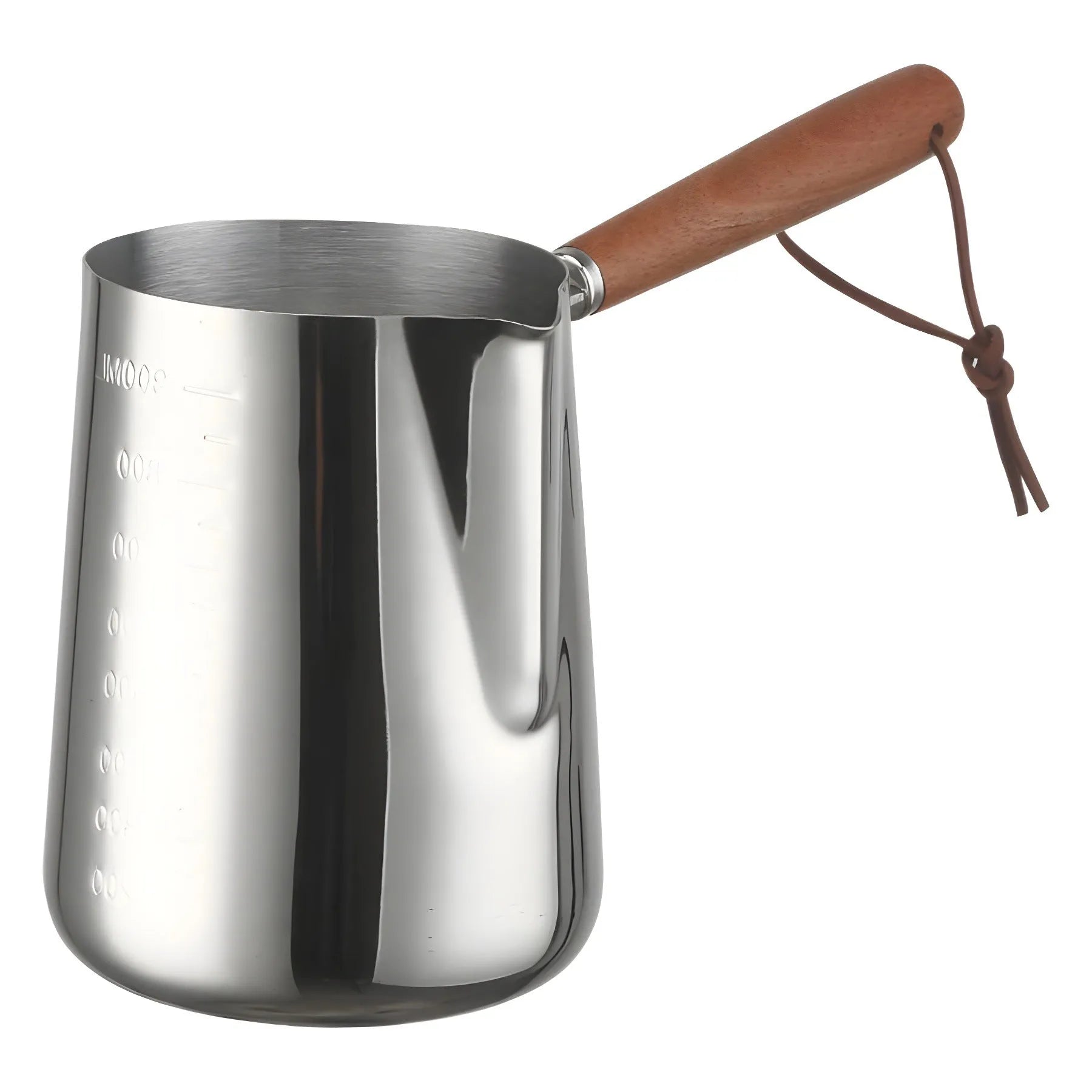 Stainless steel latte art milk frothing jug with measurement scale and wooden handle