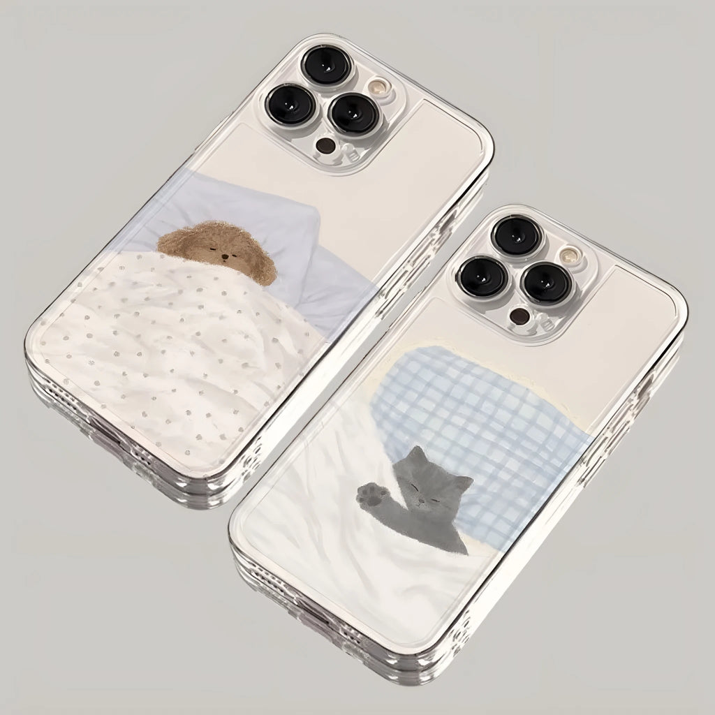 Transparent iPhone case showing sleeping cat pattern on clear TPU material for shockproof protection
