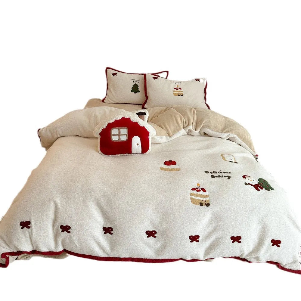 Winter-themed cartoon bedding four-piece set in polyester fabric with cashmere pattern design