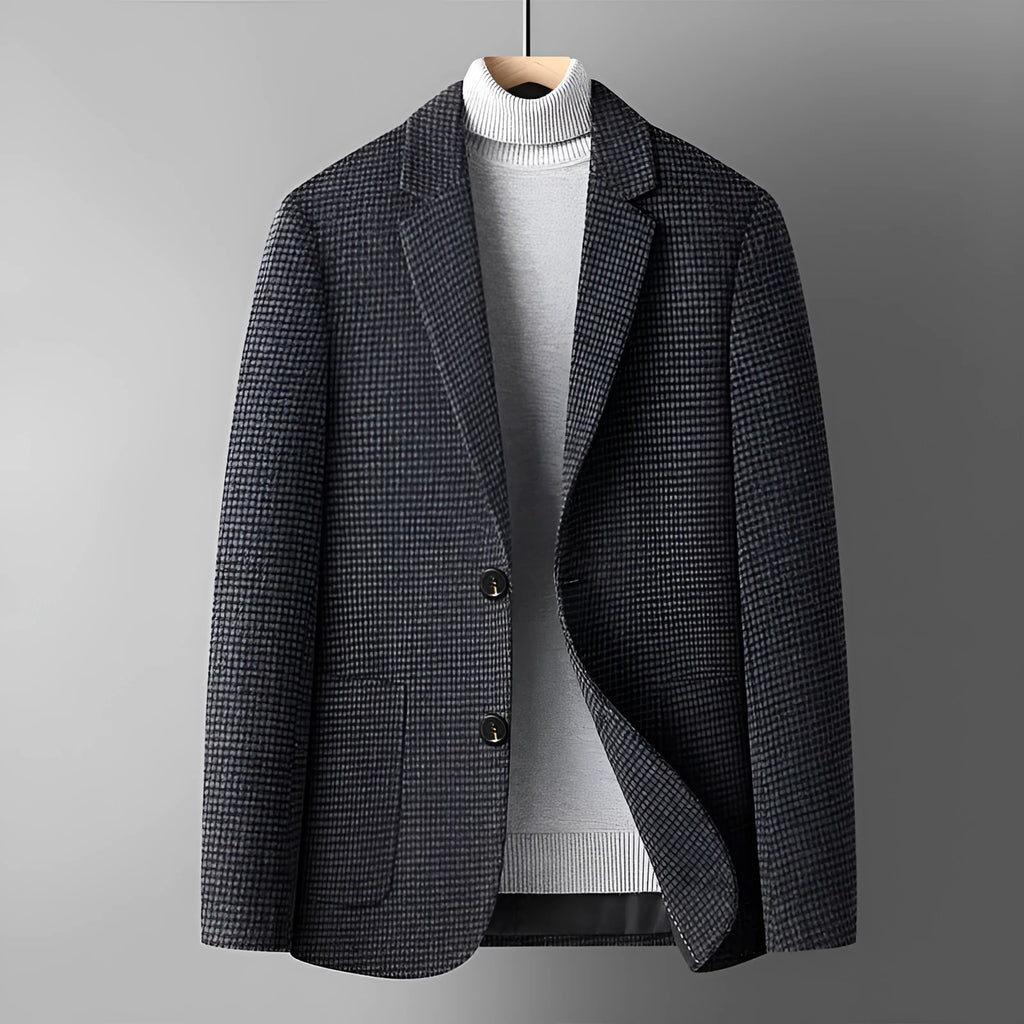 Men's slim fit wool suit jacket in grey, shown on a model, suitable for autumn and winter.