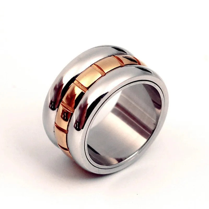 Gold titanium steel ultra-wide knuckle ring with rotatable band on finger