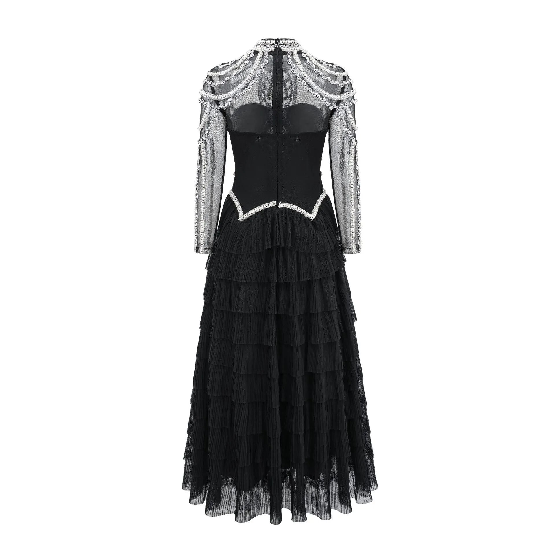 Women's black long sleeve beaded dress with a long skirt and mid waist, also available in pink.