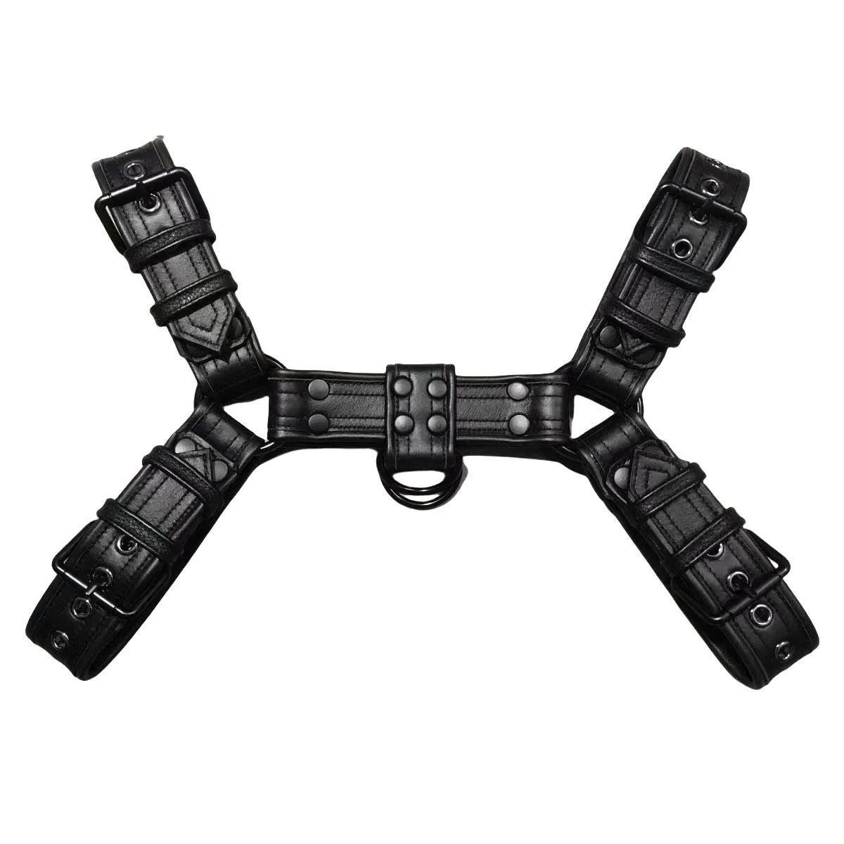 Black leather chest bondage strap with metal buckle and rivet detail on a mannequin