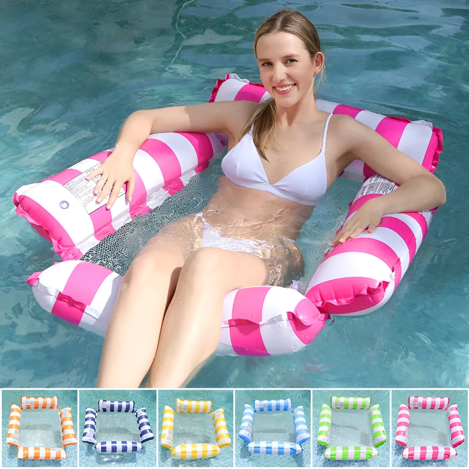 Inflatable four-tube floating deck chair with striped design and mesh seating area
