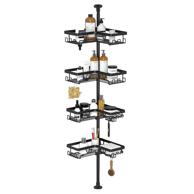 Retractable bathroom storage rack with four layers in stainless steel and iron construction