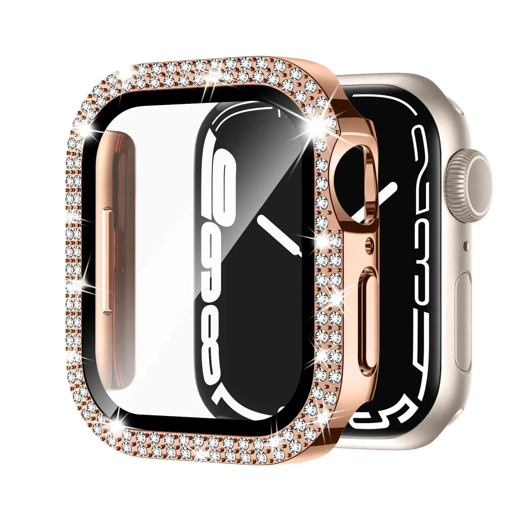 Apple Watch protective case with double diamond glass screen cover in rose gold colour.