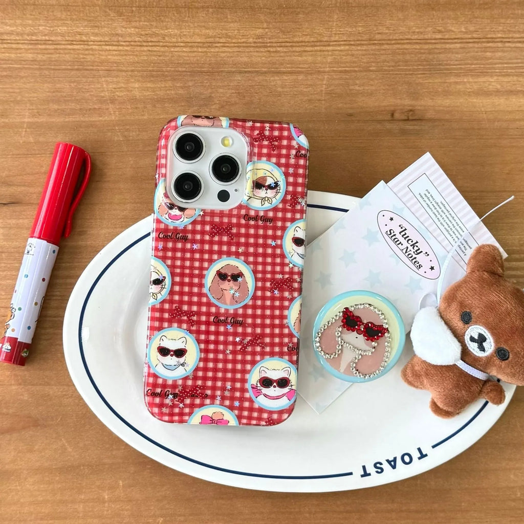 Cartoon glasses puppy spot drill TPU PC phone case with bracket for iPhone 13 Pro Max