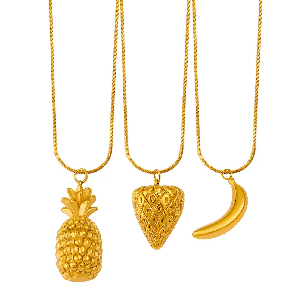 Stainless steel fruit necklace pendant on an alloy chain, showing apple, grape, and watermelon shapes.