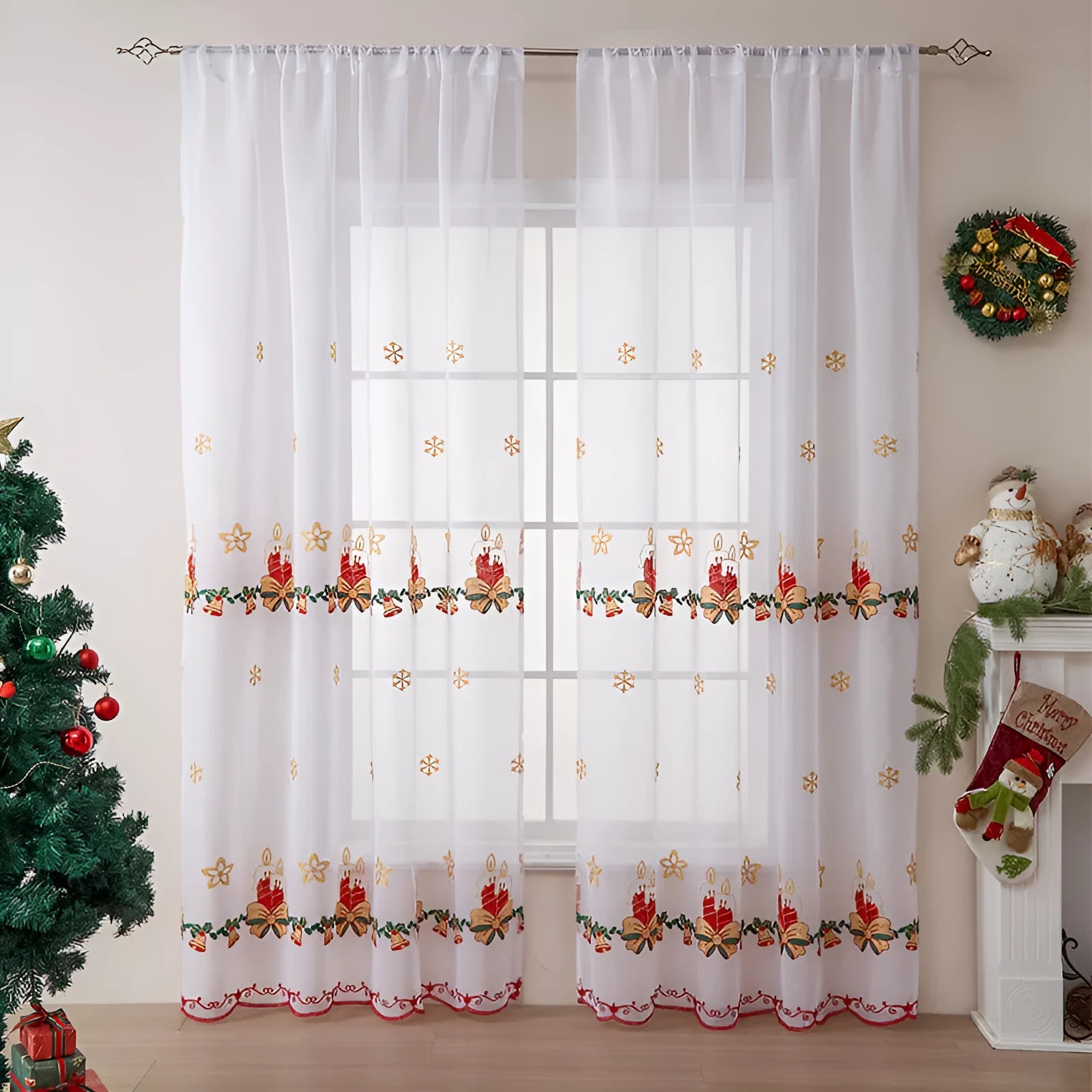 American Christmas curtain with embroidered snowflake pattern in semi-sunshade polyester fabric