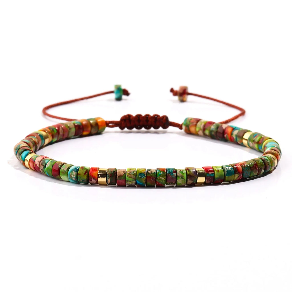 Tigereye and turquoise cylindrical flat bead women's bracelet, hand-woven with geometric bamboo joint texture