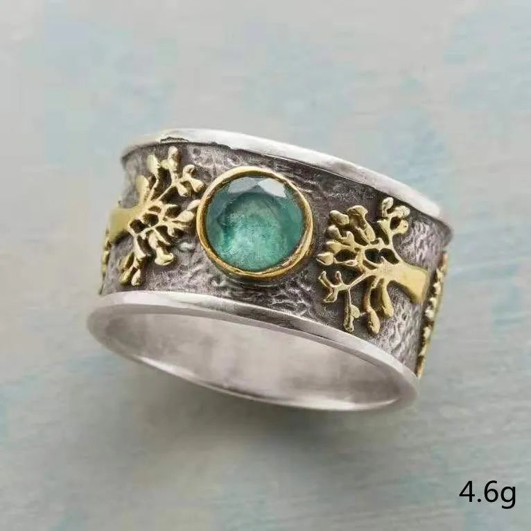 Light green vintage-style ring with geometric lucky tree and constellation design in alloy and artificial gemstone.