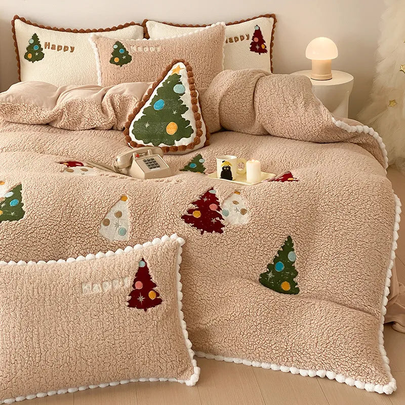 Bright yellow fleece-lined bedding set with a cartoon winter Christmas tree design.