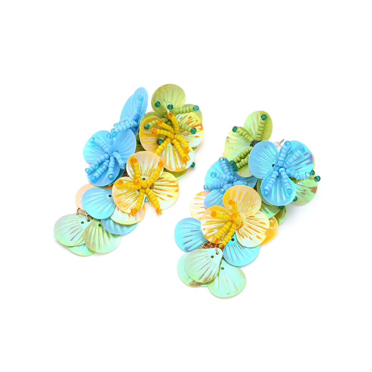 European American exaggerated handmade string bead flower earrings in colourful, rose or purple with leaf details