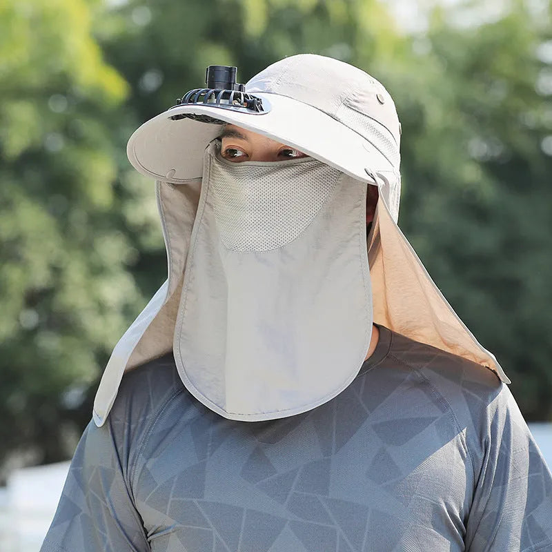 Men's navy blue sun protection hat with USB rechargeable fan and face covering shawl for fishing and outdoor activities