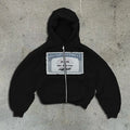 Unisex loose fit hoodie jacket with zipper pockets in black, grey, and pink colour options showing letter pattern detailing